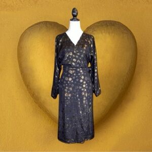 ModCloth Black & Gold Metallic Polka Dot Long Sleeve Wrap Midi Dress Size L